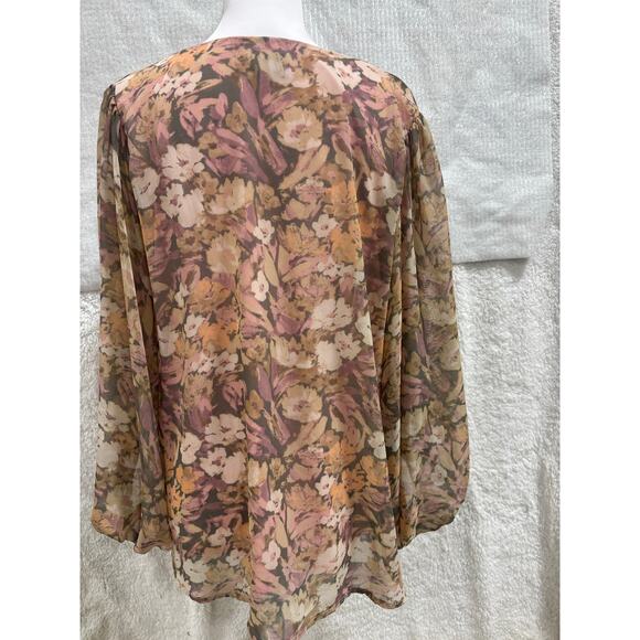 Adrienne Floral Chiffon Blouse Women M Sheer V-Neck Balloon Sleeve Romantic Boho - Picture 3 of 6